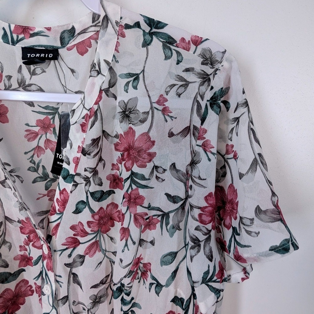 Torrid White Pink Floral Chiffon Button Front High-Low Mini Dress Plus Size 00 - Picture 4 of 8